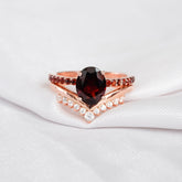 Garnet Engagement Ring Set, Sterling Silver Moissanite Chevron Band