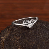 Love Word Sterling Silver Ring, Cubic Zirconia Pave Heart, Minimalist Jewelry