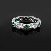 Emerald Moissanite Wedding Band, Sterling Silver Art Deco Milgrain Ring