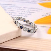 Blue Sapphire Moissanite Eternity Band, Art Deco Sterling Silver Ring