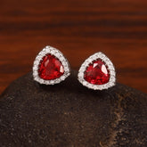 Trilliant Ruby Stud Earrings, Sterling Silver Halo, Dainty Statement Art Deco Style