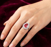 Pear Cut Ruby Sterling Silver Ring, Double Halo Art Deco Design