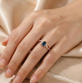 Oval Blue Sapphire Engagement Ring, Sterling Silver Bypass Halo