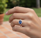 Oval Blue Sapphire Engagement Ring, Sterling Silver Flower Halo