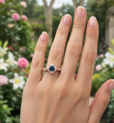Swiss Blue Topaz Engagement Ring, Flower Halo, Sterling Silver