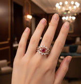 Ruby Engagement Ring, 925 Sterling Silver, Halo Moissanite, Round Cut