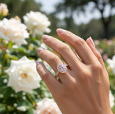 Oval Peach Morganite Engagement Ring, Halo Moissanite, Sterling Silver