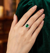 Oval Emerald Engagement Ring, Halo Moissanite, Sterling Silver Art Deco
