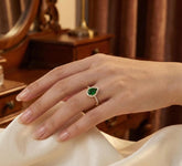 Pear Emerald Sterling Silver Ring, Teardrop Halo, Proposal Ring