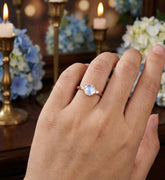 Moonstone Engagement Ring, Sterling Silver Halo Moissanite Anniversary Gift