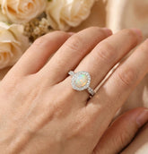 Opal Engagement Ring, Sterling Silver Flower Halo, Vintage Milgrain