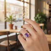 Emerald Cut Amethyst Engagement Ring, Halo Sterling Silver Promise Ring