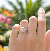Heart Rose Quartz Engagement Ring, Sterling Silver Moissanite Halo