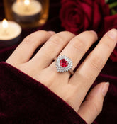 Heart Ruby Engagement Ring, Double Halo, Sterling Silver