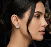 Princess Cut Moissanite Halo Stud Earrings, Sterling Silver Square Geometric Sparkle