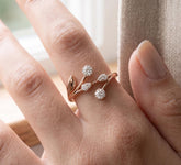 14k Solid Gold Swirl Leaf Moissanite Ring, Nature Inspired Cluster Wrap Curved Ring