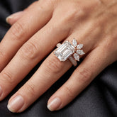 Emerald Cut Moissanite Ring, Sterling Silver Floral Cluster Band, Wedding Ring Gifts