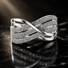 Multi Row Moissanite Criss Cross Ring, Sterling Silver Wide Band Statement Wedding Ring