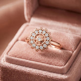 14K Solid Gold Moissanite Sunburst Ring, Vintage Celestial Gear Scalloped Halo Flower