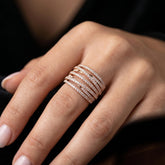 Moissanite Crossover Ring, Sterling Silver Rose Gold Multi Band Statement Ring