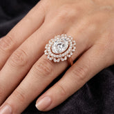 Oval Moissanite Engagement Ring, Sterling Silver Floral Halo Wedding Ring for Her