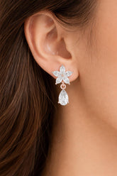 Sterling Silver Floral Pear Moissanite Dangle Earrings, Art Deco Sparkle