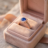 Round Cut Blue Sapphire Ring, 925 Sterling Silver, Moissanite Halo, Rose Gold Bridal Gemstone