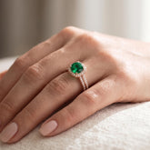 Lab Created Emerald Sterling Silver Halo Ring, Moissanite Accent, Dainty Engagement Ring