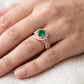 Sterling Silver Round Green Gemstone Halo Ring, Rose Gold Twisted Pave Band, Lab Created Stone