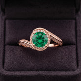 Boho Swirl Halo Ring, Lab Created Emerald, Moissanite, Sterling Silver Vermeil