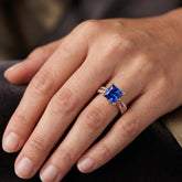 Lab Created Blue Sapphire Princess Cut Ring, 925 Sterling Silver, Pave Band (Free Gift)