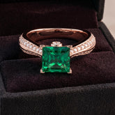 Princess Cut Emerald Lab Created Ring, Sterling Silver, Moissanite Band (Free Gift)