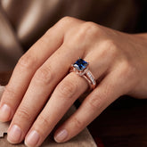 Princess Cut Blue Sapphire Sterling Silver Ring, Twisted Cathedral Band, Moissanite Side Stones