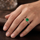 925 Sterling Silver Round Cut Green Gemstone Ring, Moissanite Side Stones, Minimalist Wedding Band