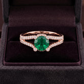 Rose Gold Plated Sterling Silver Emerald Ring, Double Band Pave Moissanite Engagement Ring