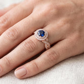 Lab Created Sapphire Double Halo Engagement Ring, Rose Gold Plated Sterling Silver, Infinity Band