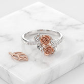 Sterling Silver Moissanite Rose Ring, Two-Tone Floral Bypass Design