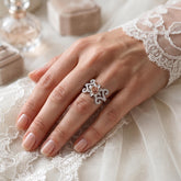 Sterling Silver Moissanite Floral Cocktail Ring, Rose Gold Detail, Art Nouveau Style