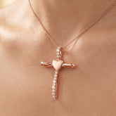 Moissanite Heart Cross Necklace, 925 Sterling Silver Rose Gold Plated Pendant, Dainty Faith Charm