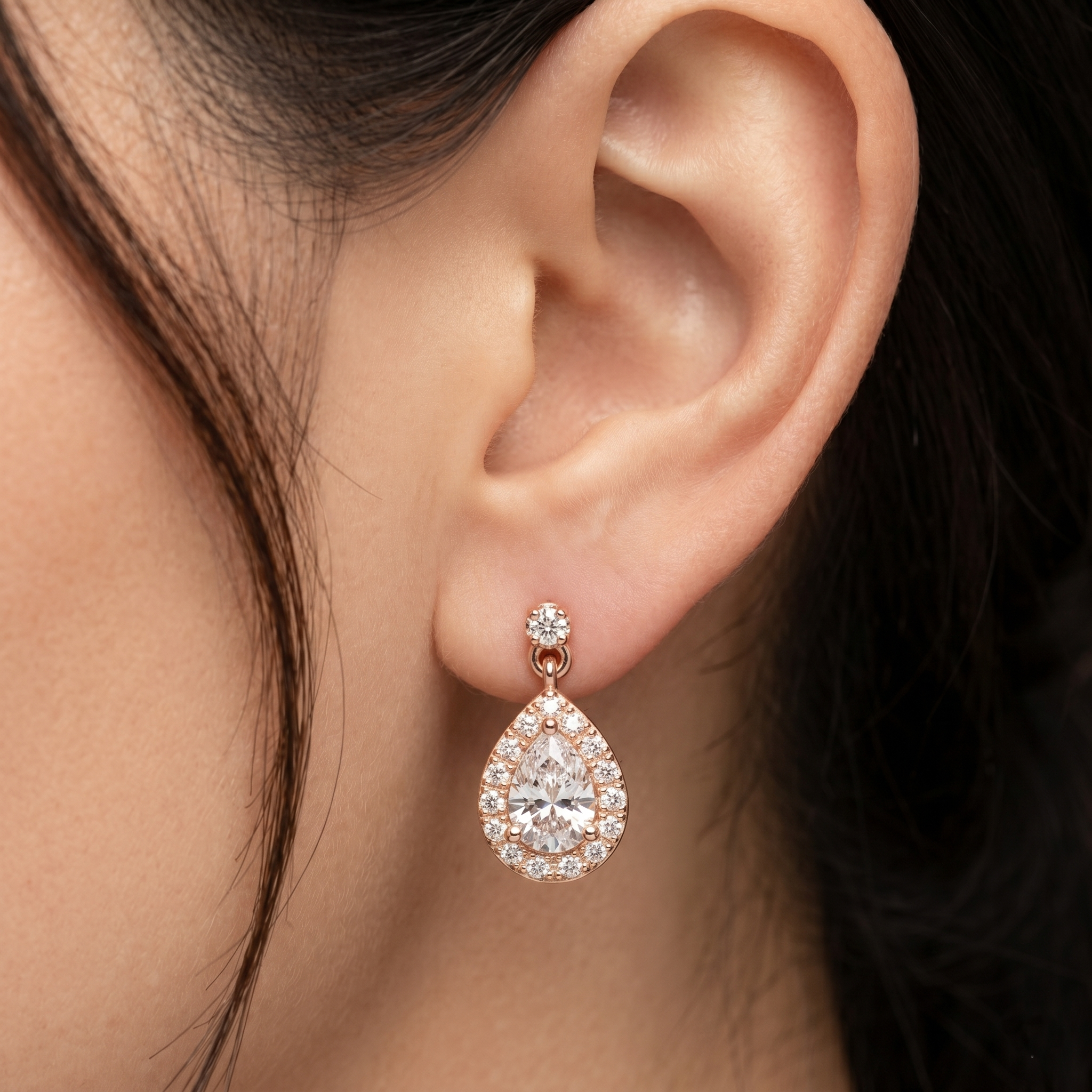 Pear Moissanite Drop Earrings, Rose Gold 925 Sterling Silver Halo Dangle Bridal Jewelry