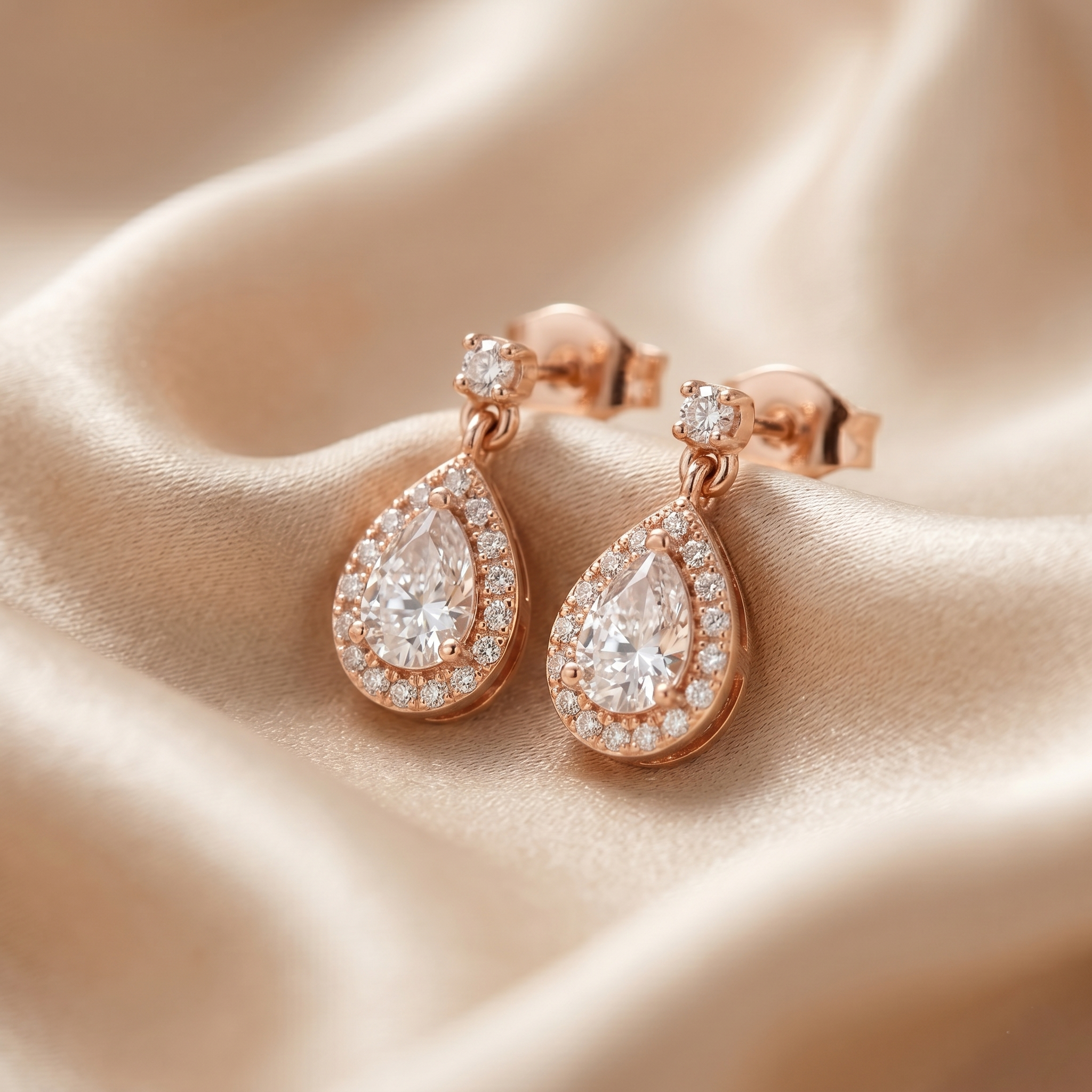 Pear Moissanite Drop Earrings, Rose Gold 925 Sterling Silver Halo Dangle Bridal Jewelry