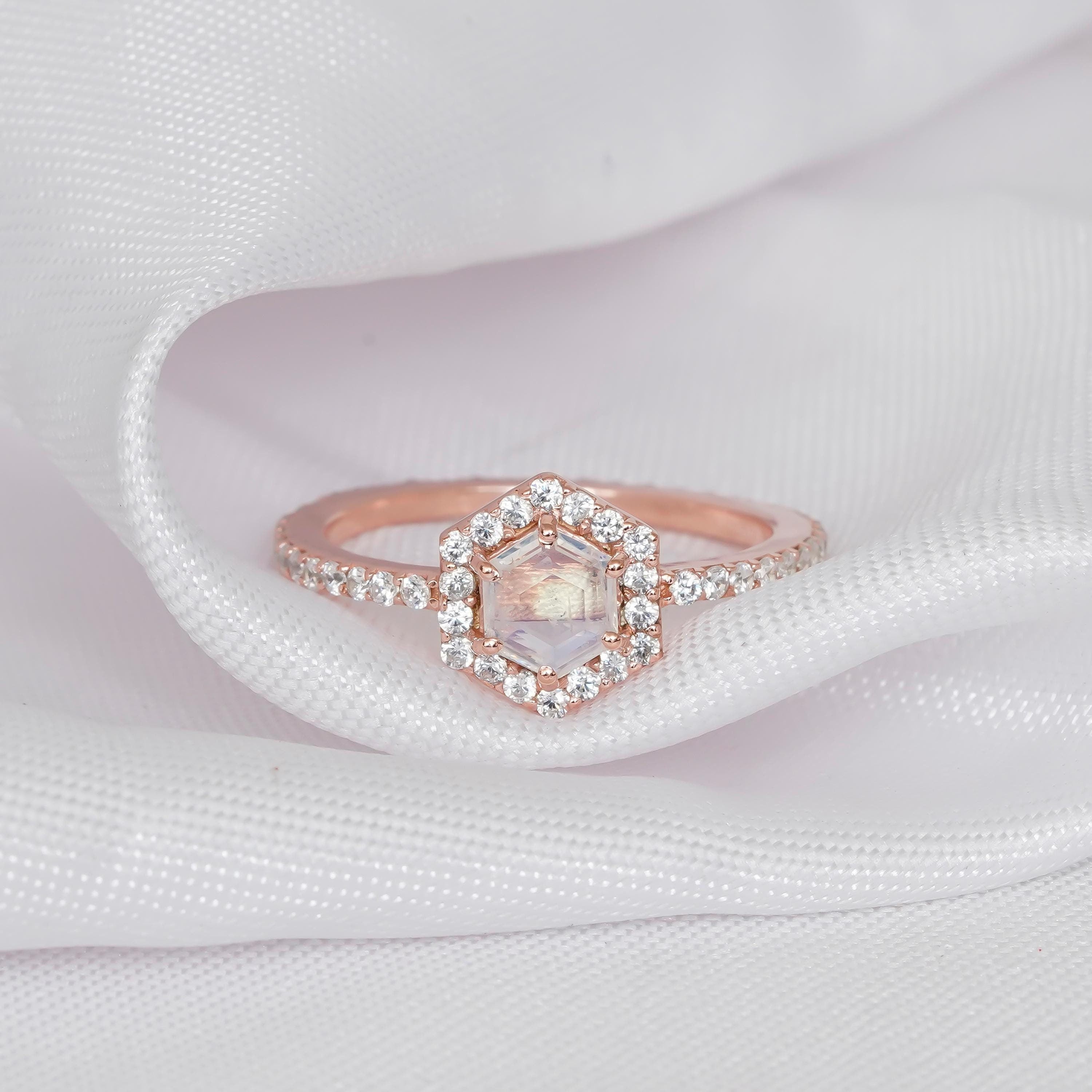 Hexagon Moonstone Ring 925 Sterling Silver Rainbow Moonstone Engagement Wedding Ring For Women Proposal Halo Vintage Prong Solitaire Ring