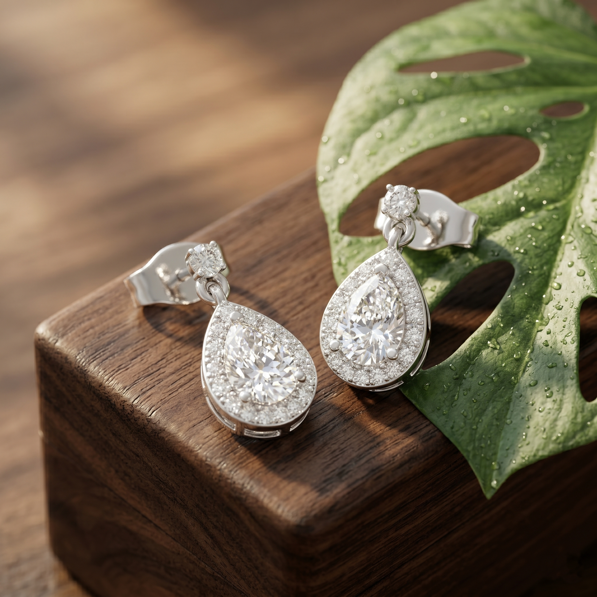Pear Moissanite Drop Earrings, Rose Gold 925 Sterling Silver Halo Dangle Bridal Jewelry