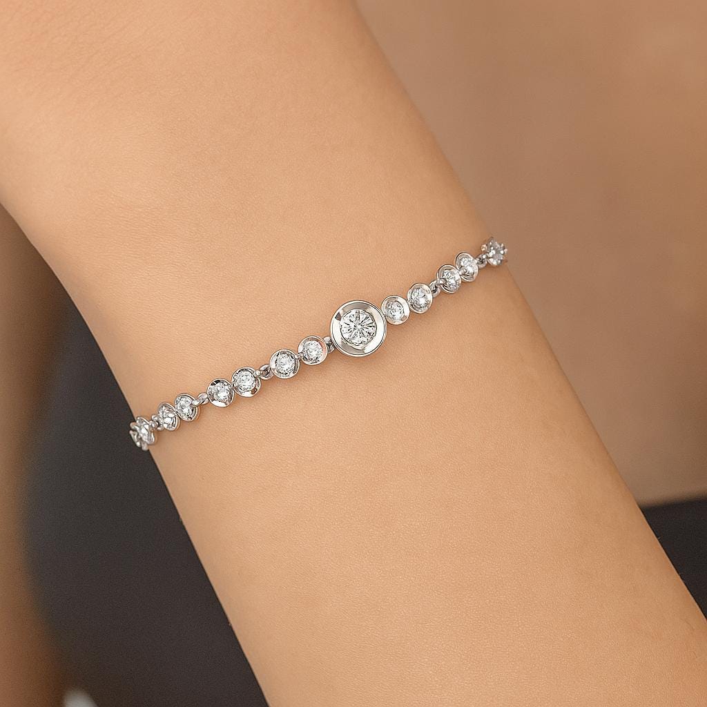 Sterling Silver Bracelet Moissanite Handmade 7.5 inch Bridal Jewelry Anniversary Gift Dainty Luxury Chain Bezel Set Bracelet For Women