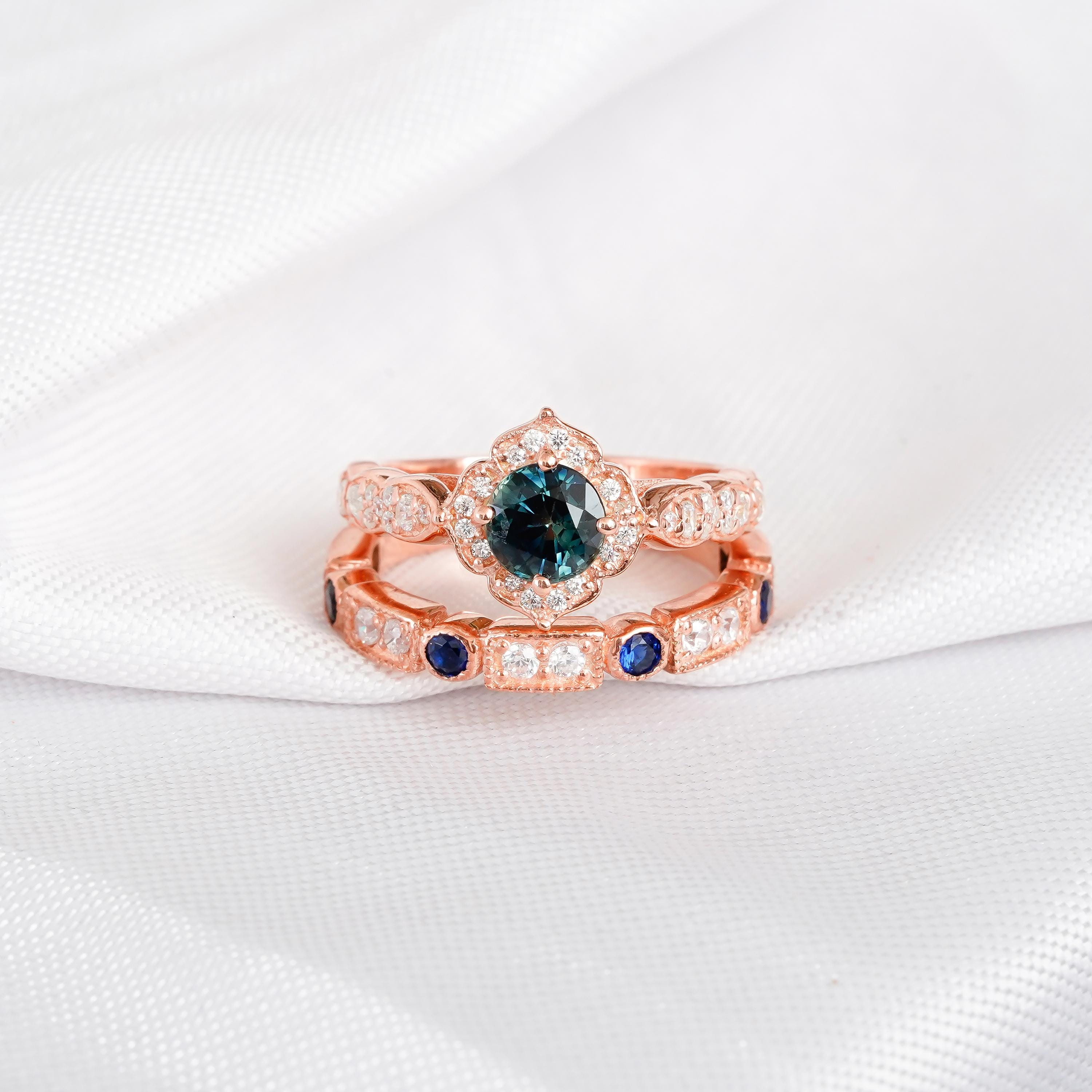 Alexandrite Engagement Ring Set Halo Matching Blue Sapphire Dainty Wedding Band For Women Art Deco Milgrain Floral Halo Bridal Proposal Ring