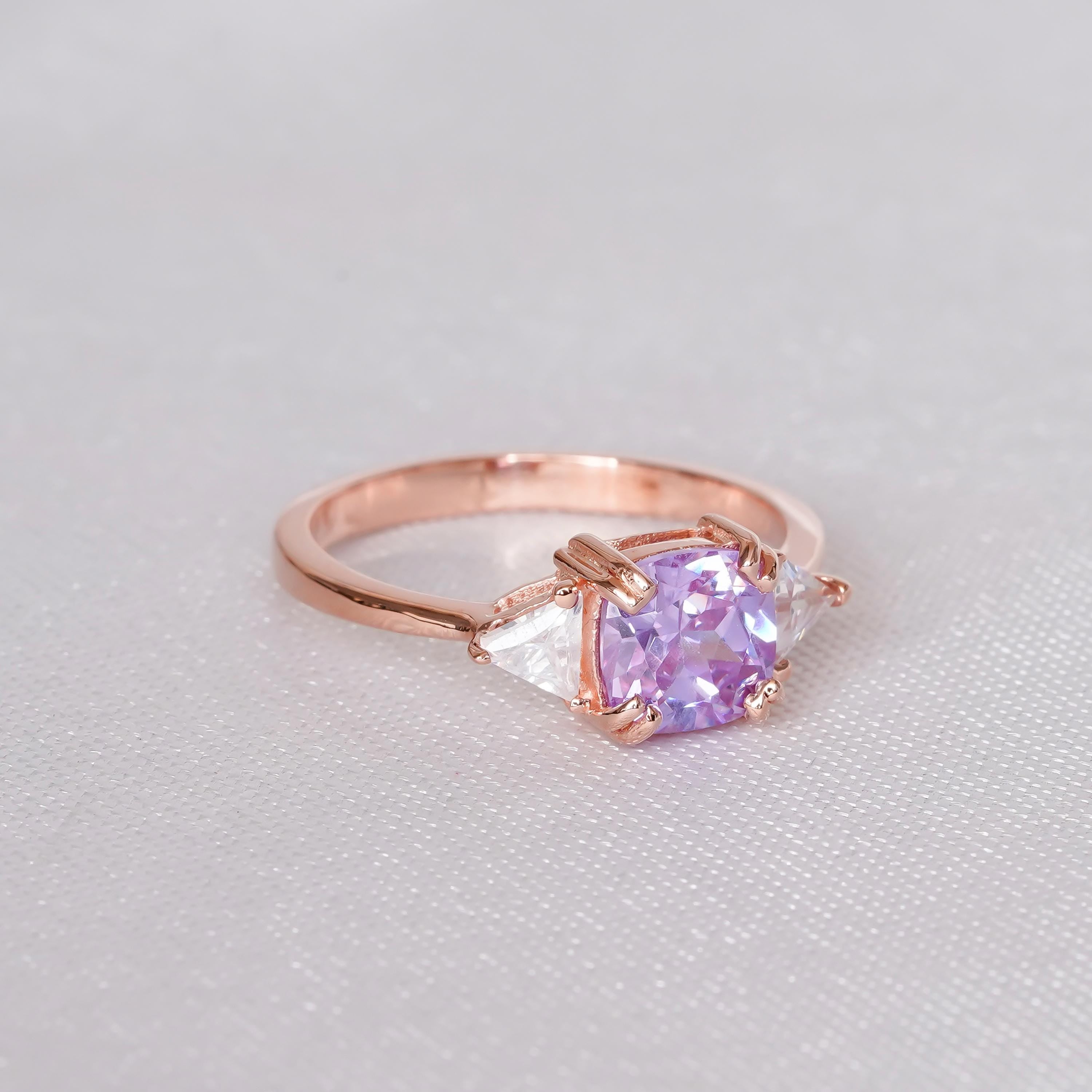 Cushion Amethyst Engagement Ring 925 Sterling Silver with Trillion Cut Moissanites Wedding Ring For Women Proposal Minimalist Prong Set Ring