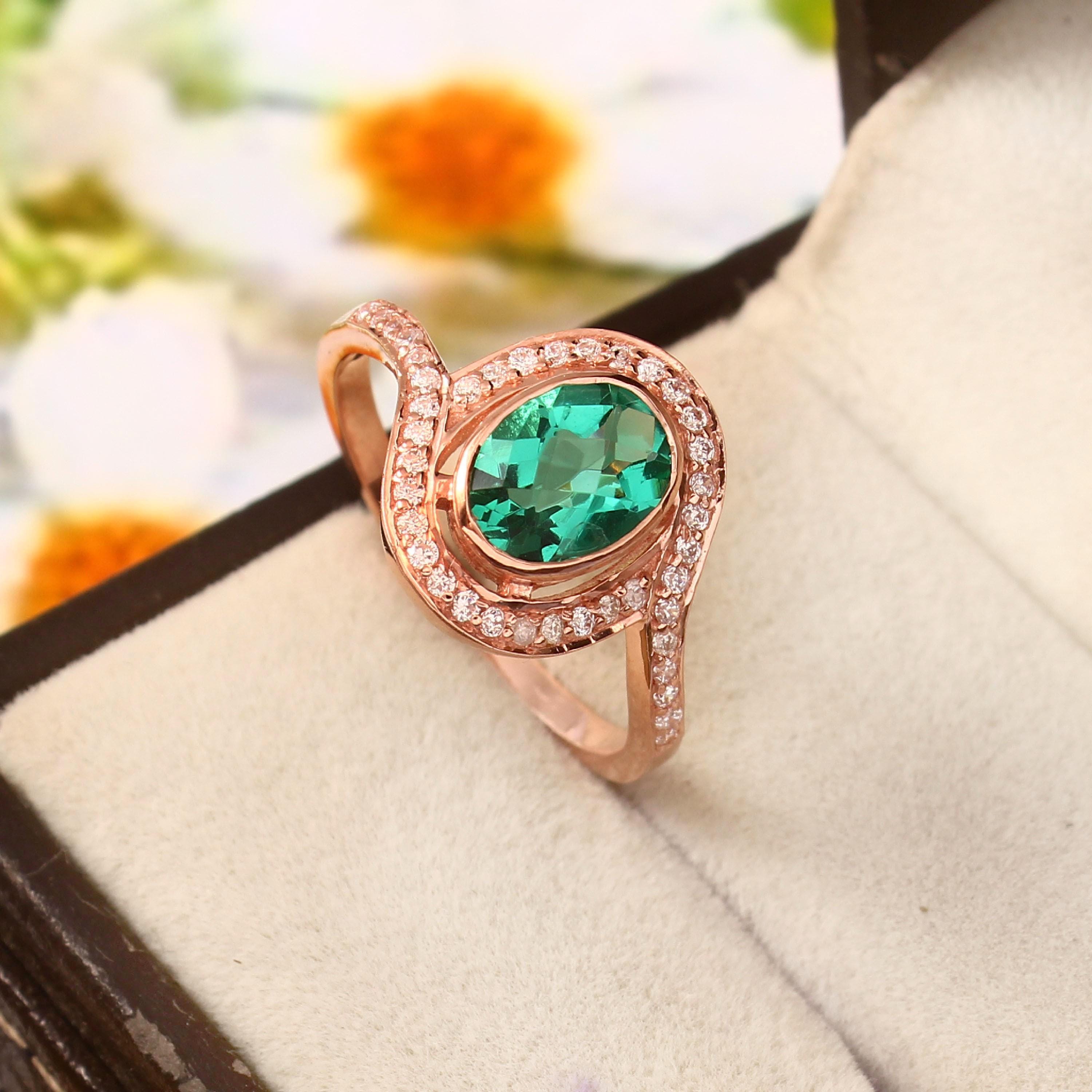 Oval Emerald Engagement Ring 925 Sterling Silver Bezel Set Bypass Band Wedding Ring Halo Bridal Channel Pave Set Anniversary Gift For Her