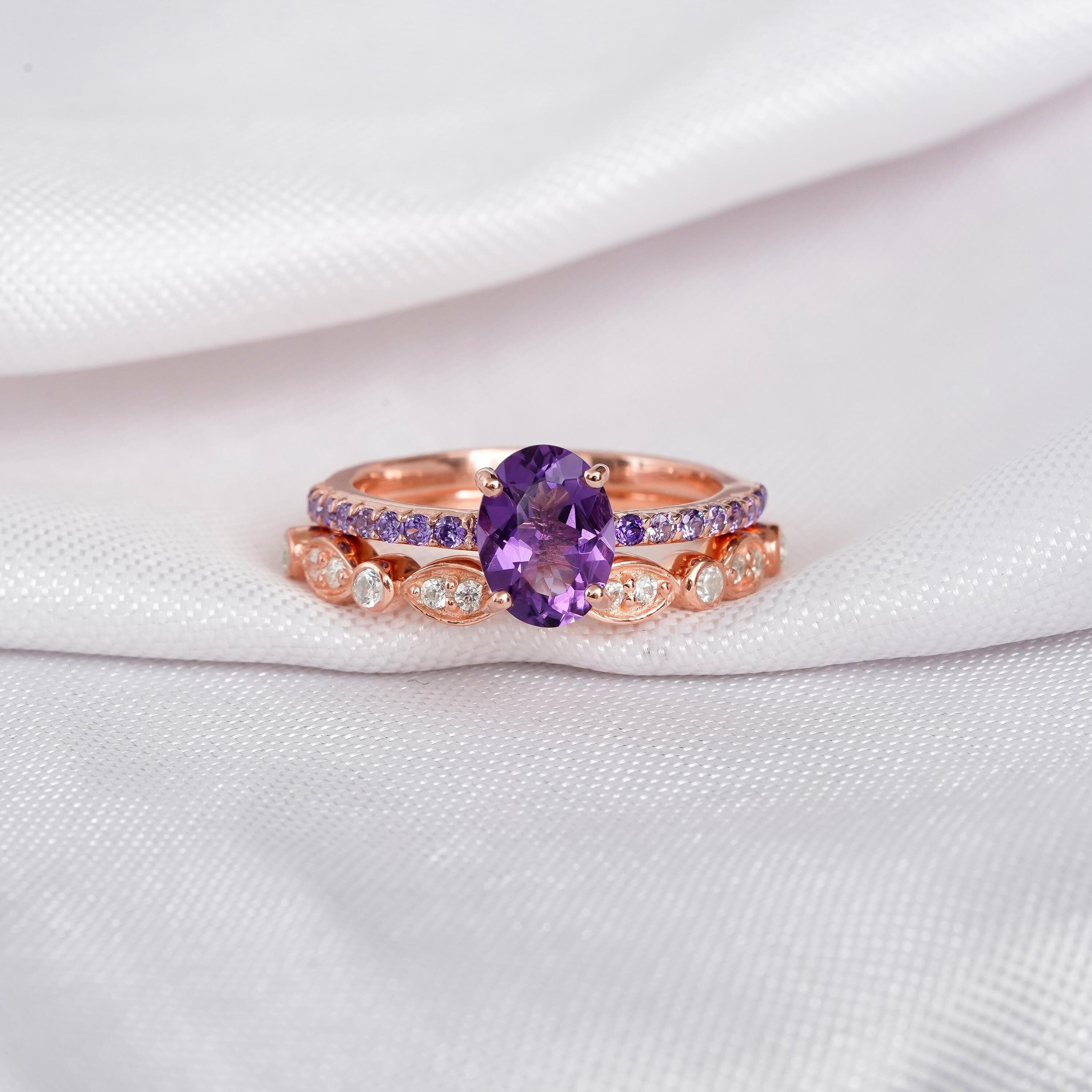 Amethyst Engagement Ring Set Matching Moissanite Art Deco Wedding Band For Women Oval Accents Solitaire Eternity Prong Bridal Promise Ring