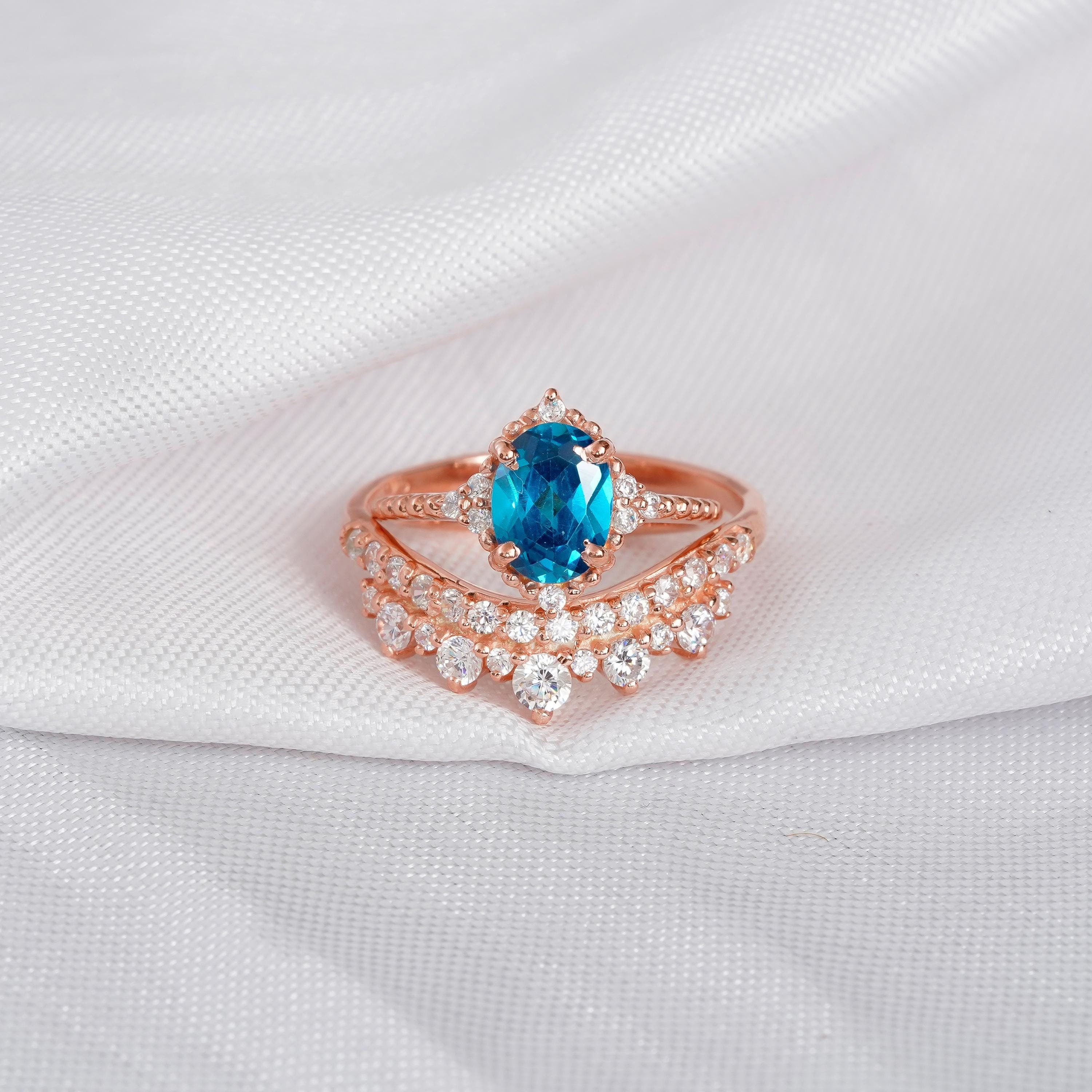 London Blue Topaz Engagement Ring Set Matching Moissanite Crown Wedding Band For Women 925 Sterling Silver Halo Beaded Band Bridal Ring