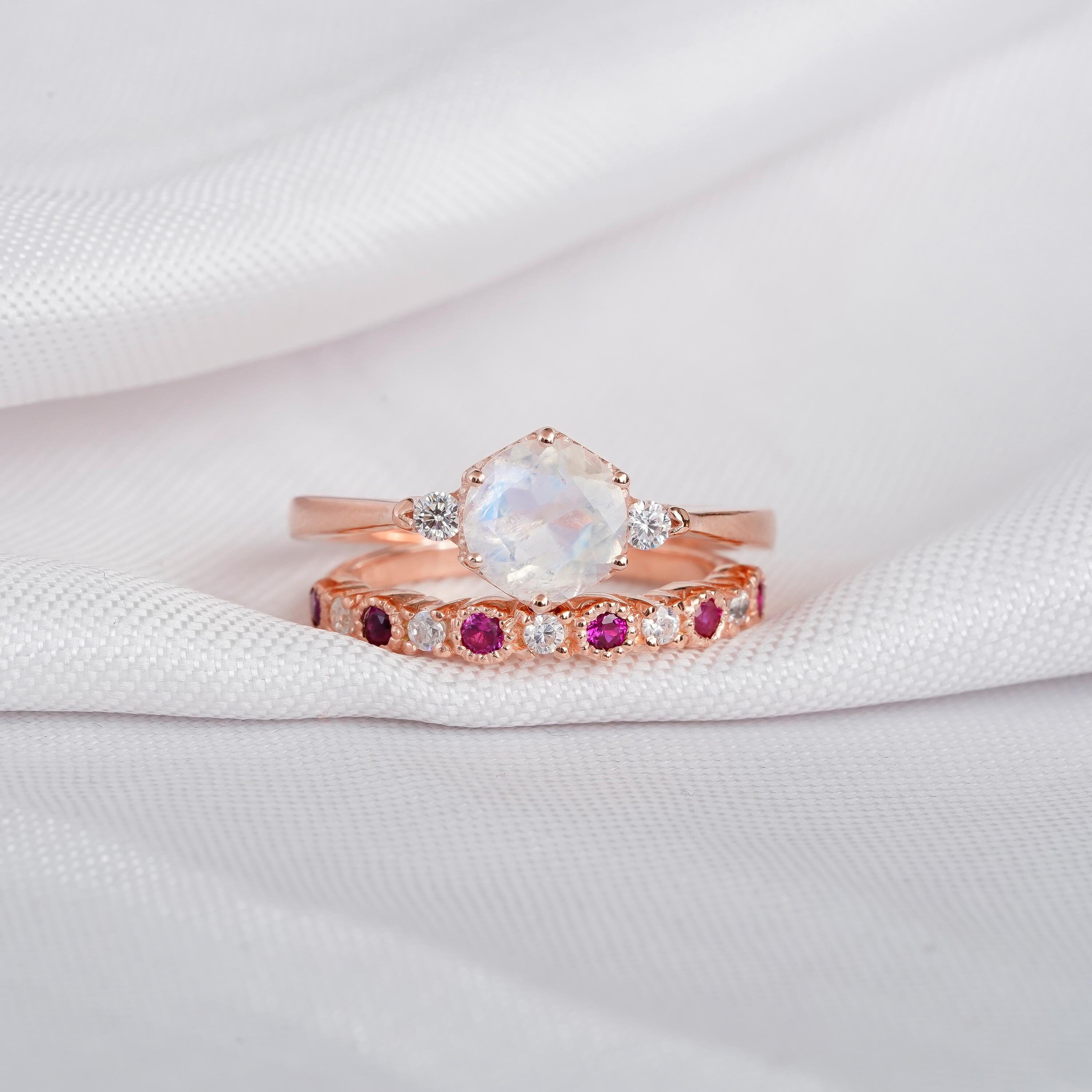2ct Moonstone Engagement Ring Set With Matching Ruby Dainty Wedding Band For Women Hexagon Halo 6 Prong Vintage Eternity Bridal Promise Ring